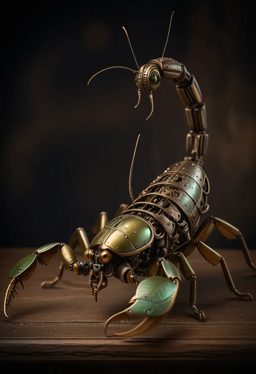 Mechanische Steampunk-Grillen-Skulptur auf Holzsockel