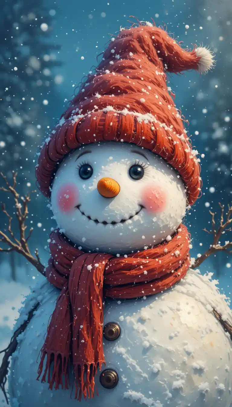 Joyful snowman close up in soft pastel winter scene