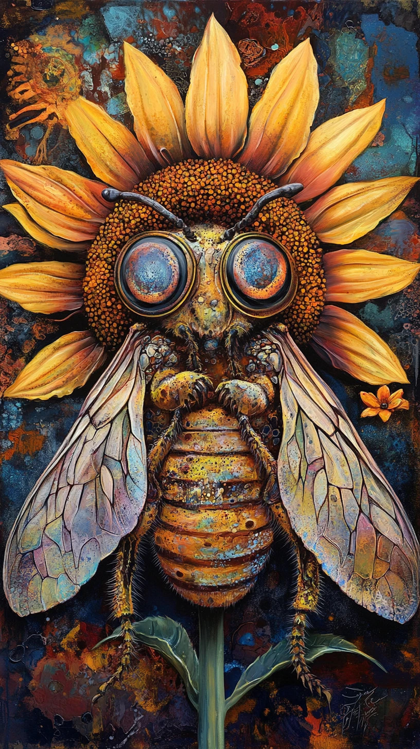 Surreal bee on sunflower in vibrant mixed media dreamscape