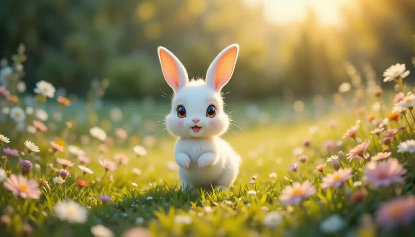 White rabbit hopping through a sunrise meadow with flowers