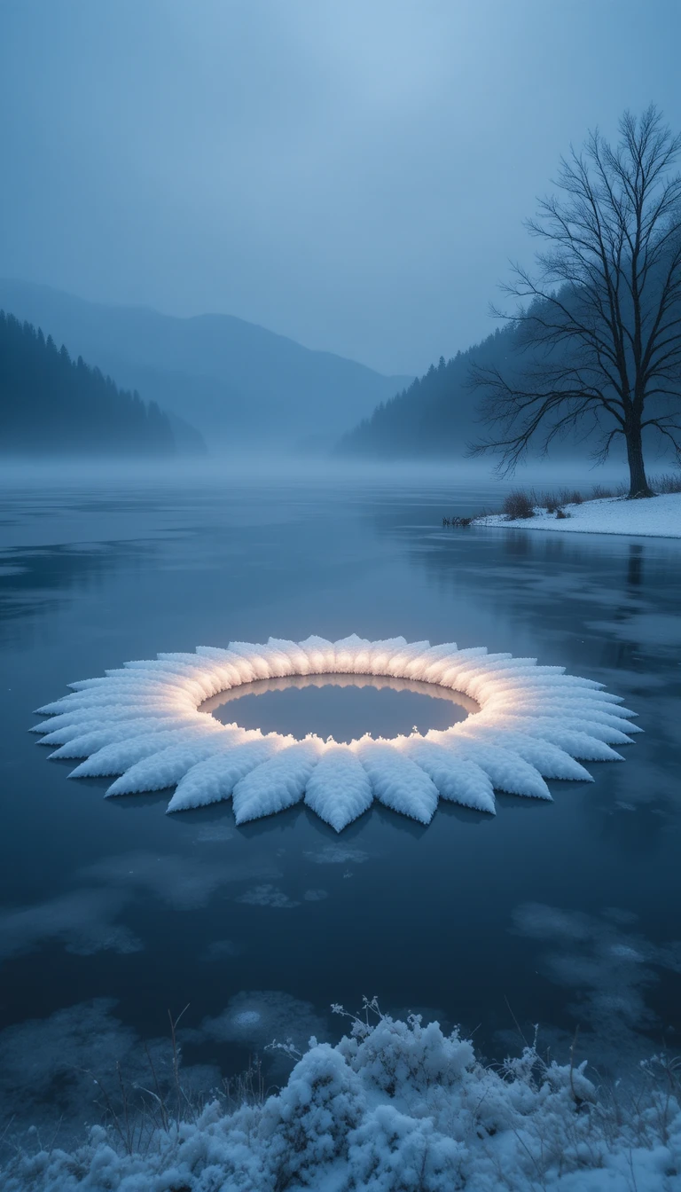 Lac gelé avec anneau de neige lumineux sous une douce lumière bleue