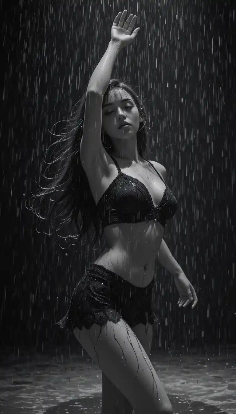 Young woman dancing in rain on dark stage
