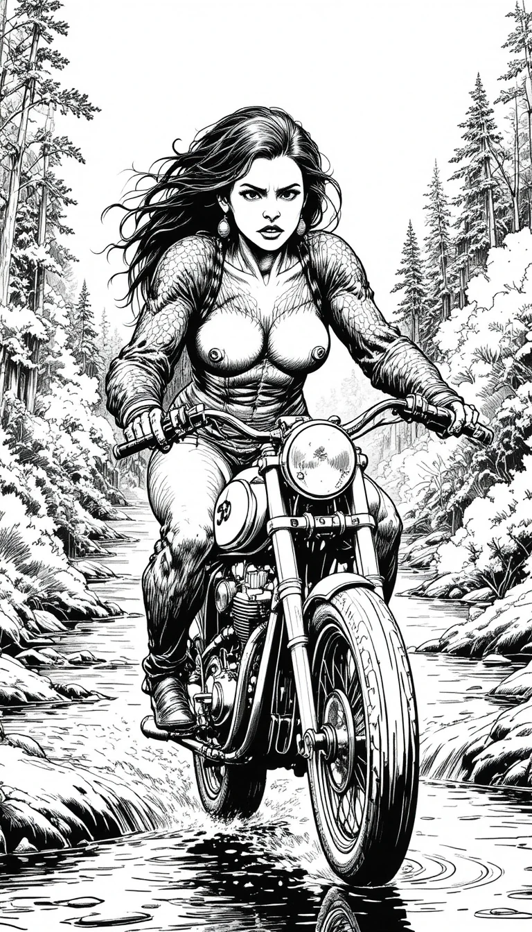 Sasquatch woman riding a custom motorcycle through a stream