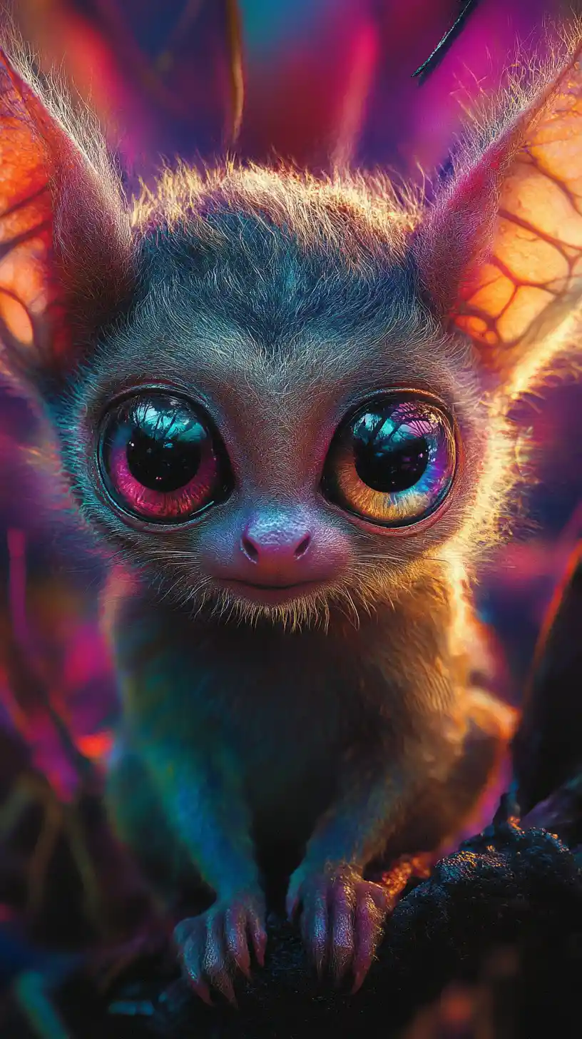Babytier mit schimmernden Farbverlauf-Augen in surrealer Kunst