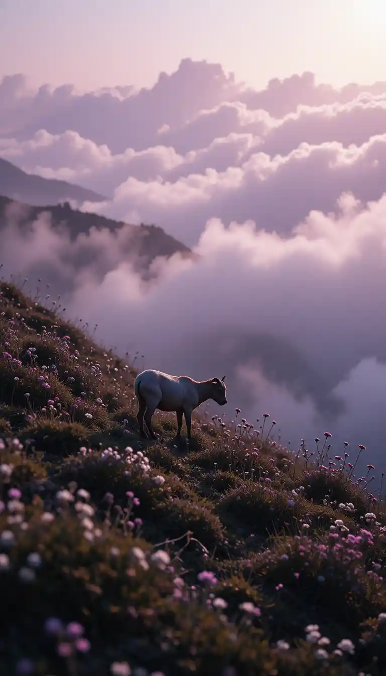Cabrito pastando em uma encosta enevoada com flores silvestres