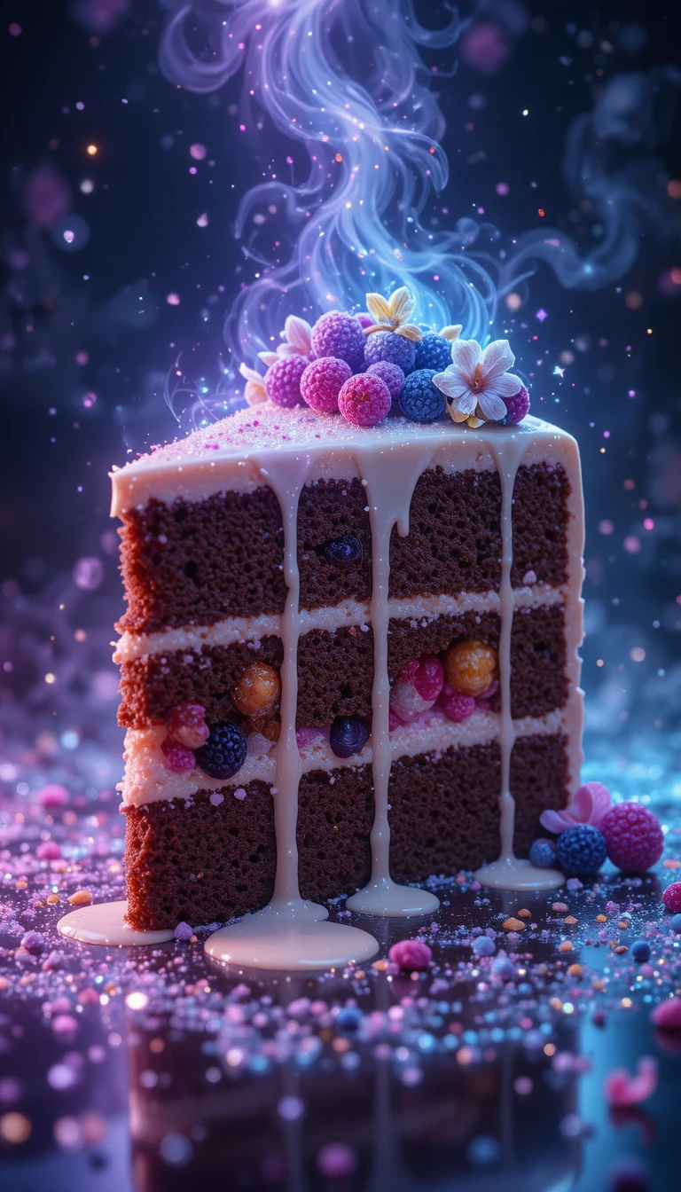 Part de gâteau au chocolat fantastique aux détails scintillants