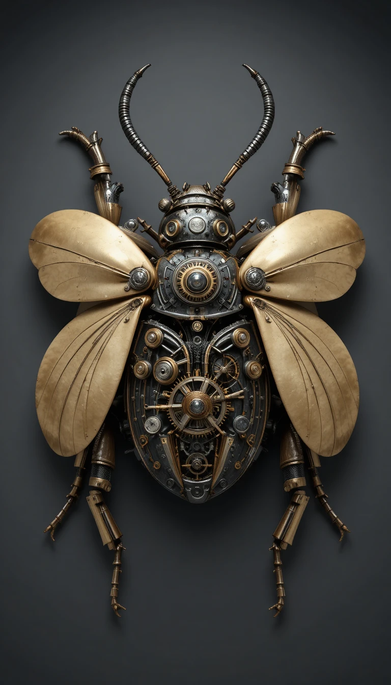 Draufsicht auf eine Steampunk-Käfer-Skulptur mit mechanischen Details