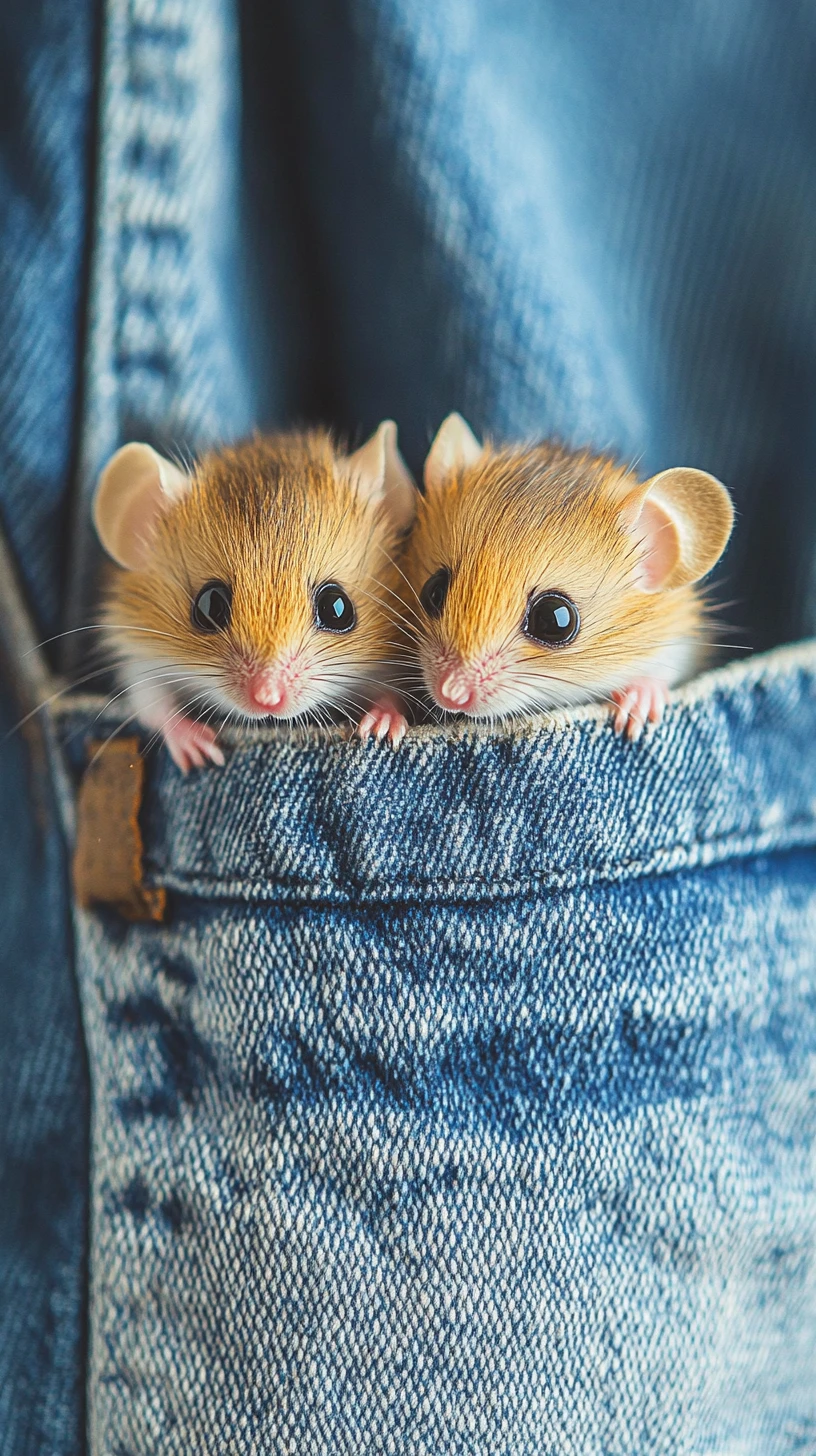 Piccoli topolini che sbirciano dalla tasca di un jeans di denim blu