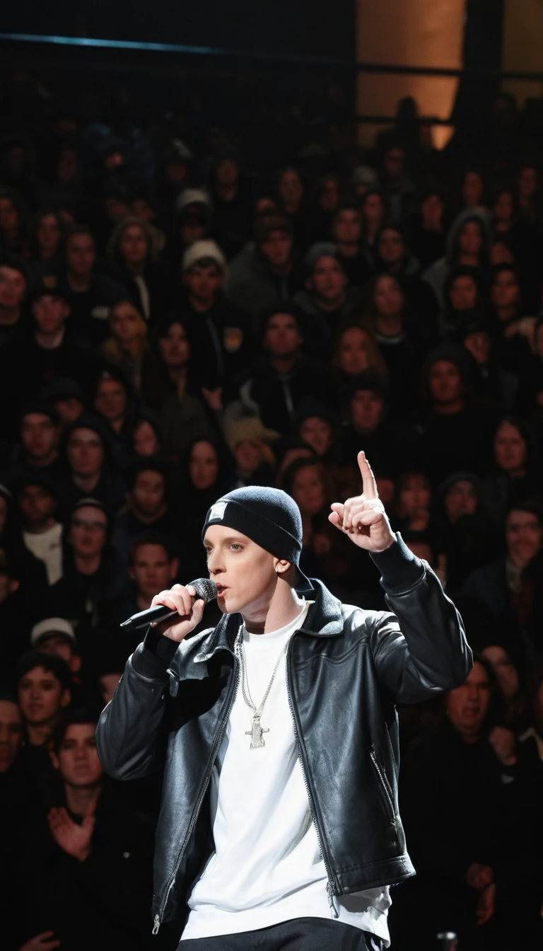 Young rapper on stage gripping the mic stand