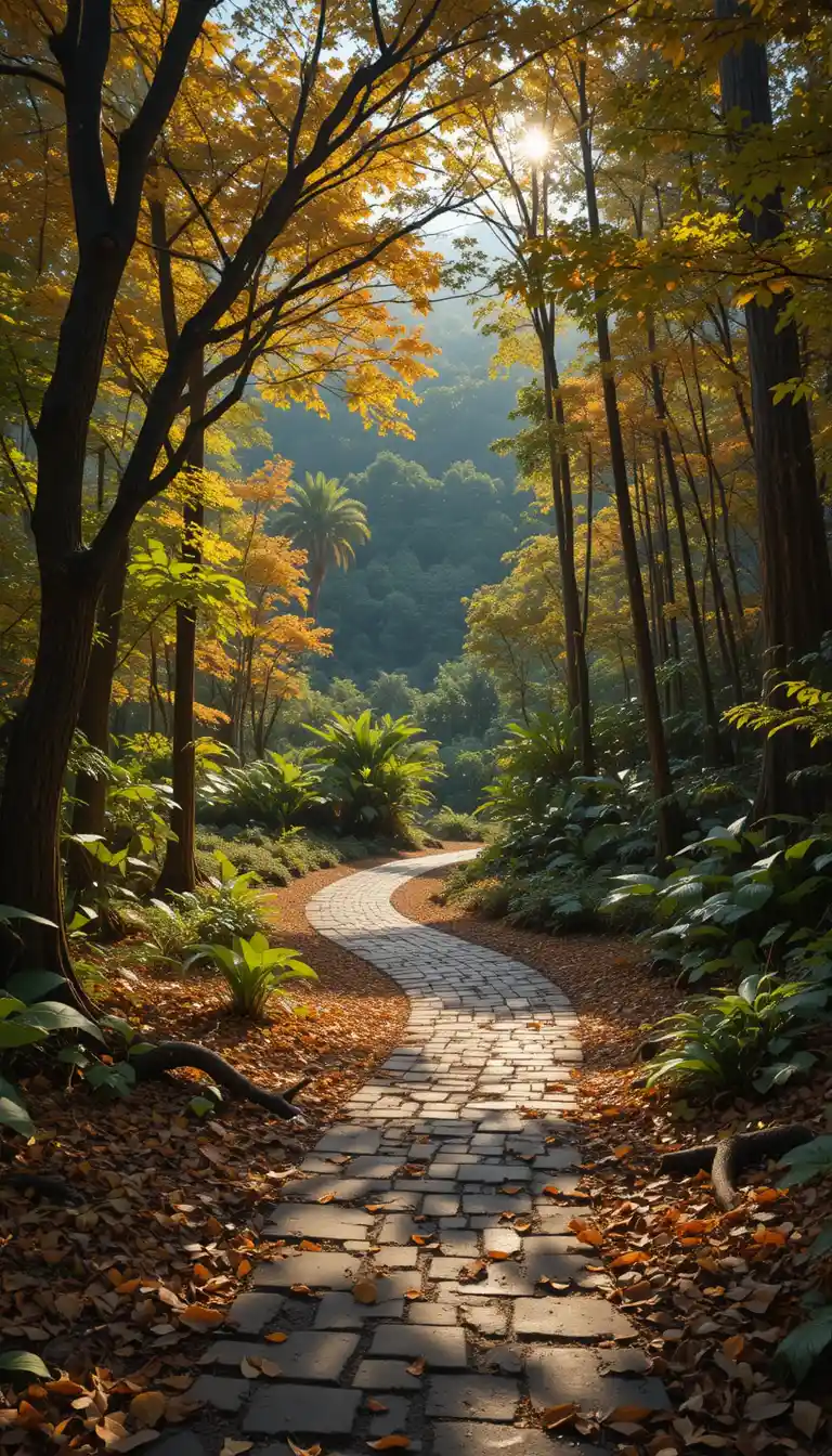 Sentiero di foresta illuminato dal sole che conduce a un paradiso tropicale
