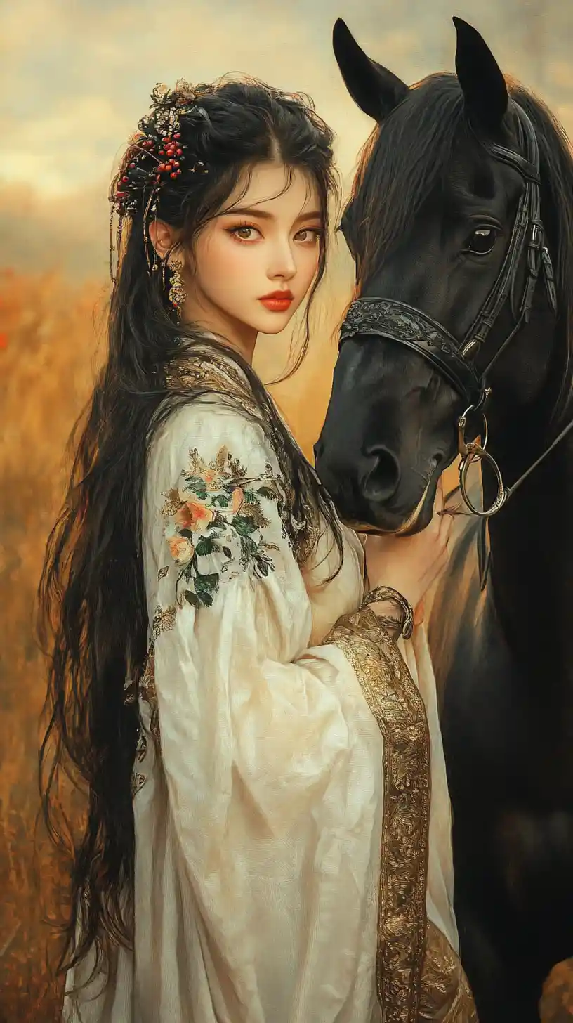 Mystical woman with black horse in golden autumn steppe