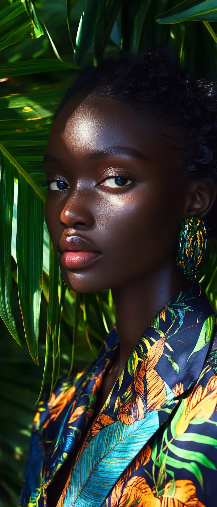 Editorial de moda vibrante com fundo gráfico de folhas tropicais
