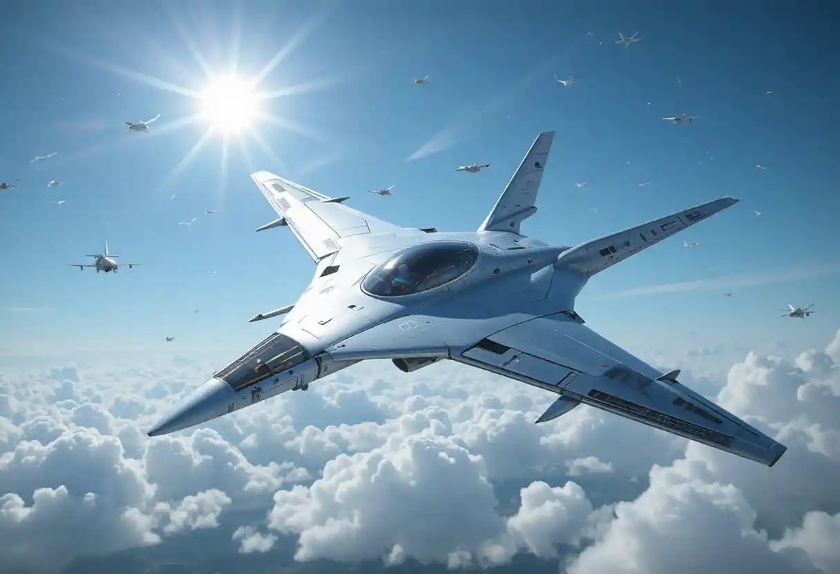 Aeronave futurista voando pelo céu com drones