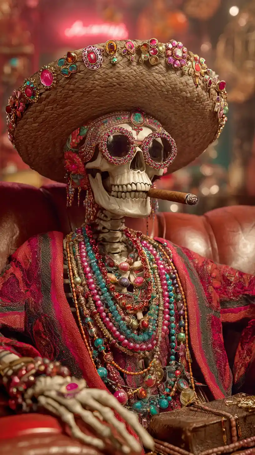 Decorated skeleton with cigar on red sofa in sombrero