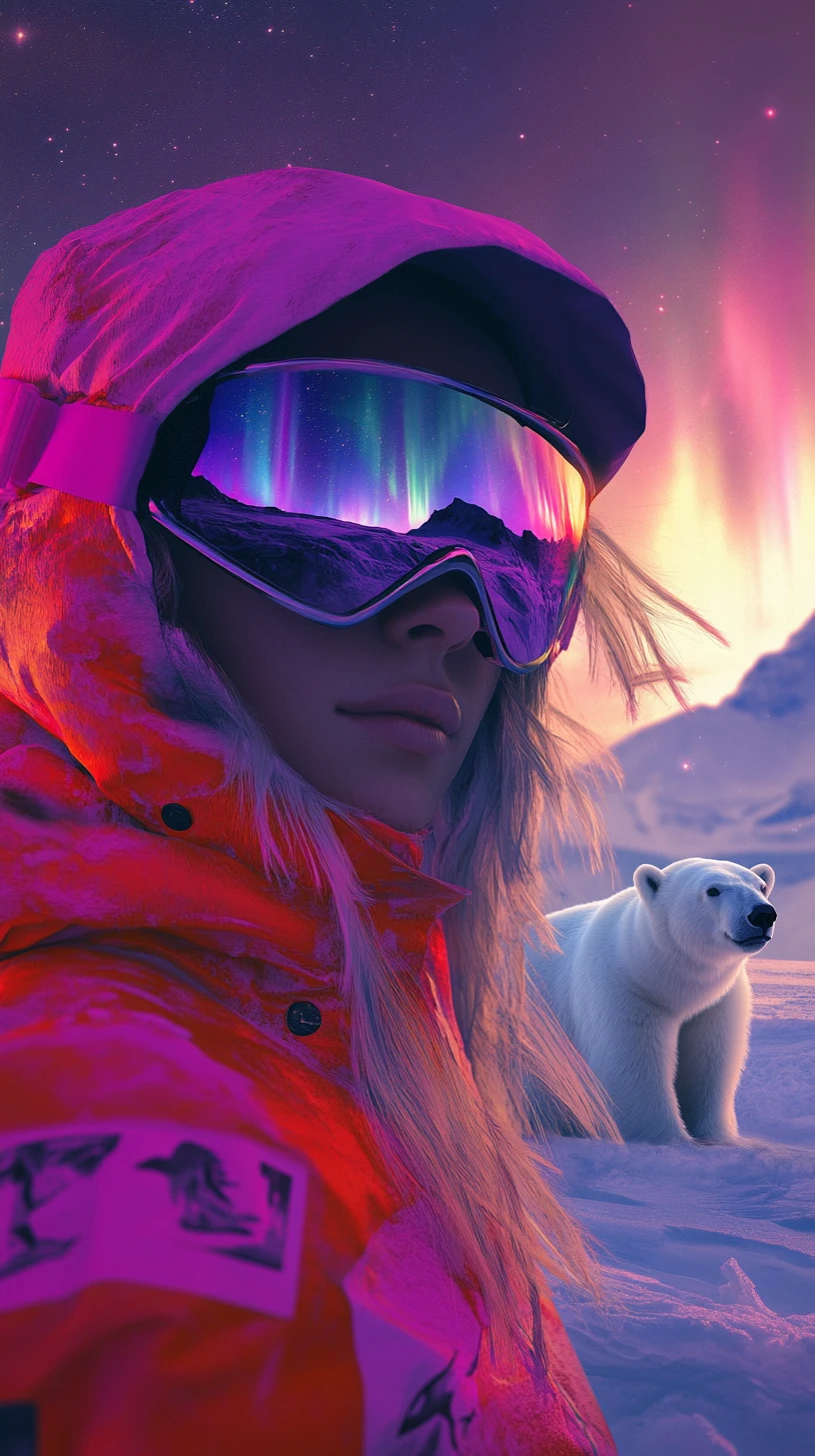 極光下穿著滑雪外套的女子與北極熊