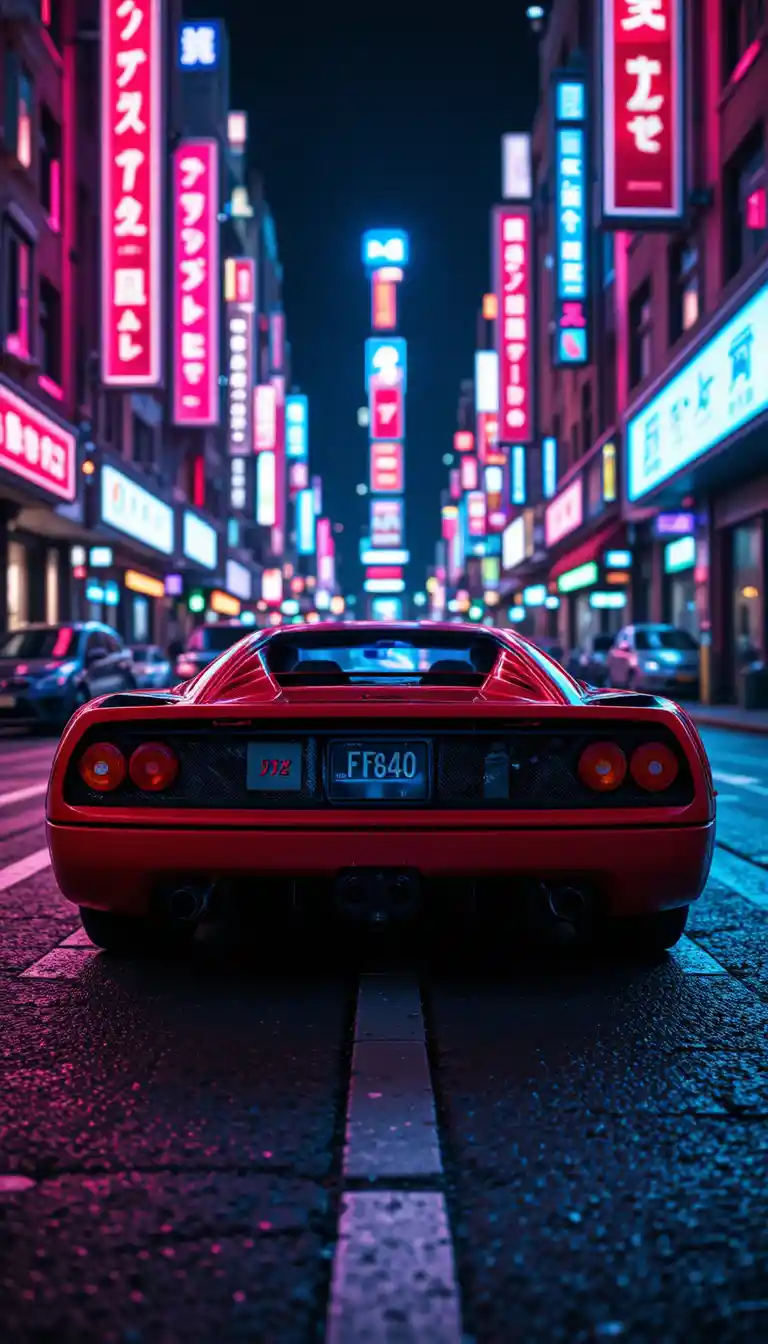 Red sports car on neon city street at night
