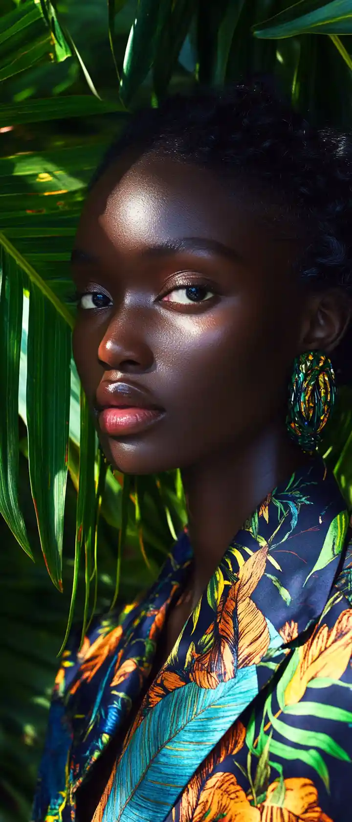 Editorial de moda vibrante com fundo gráfico de folhas tropicais