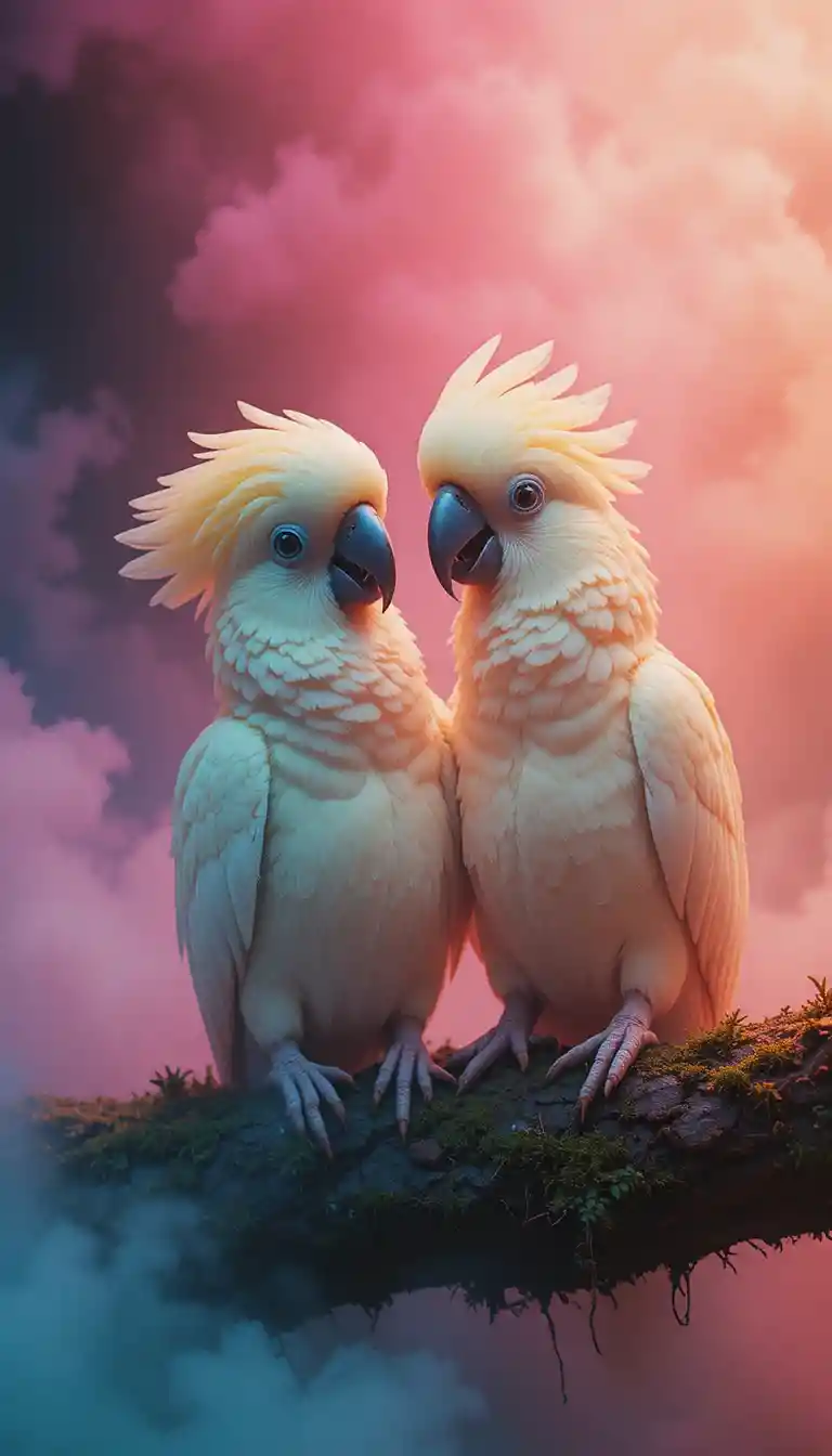 Loros surrealistas en una bruma abstracta de magenta y verde azulado
