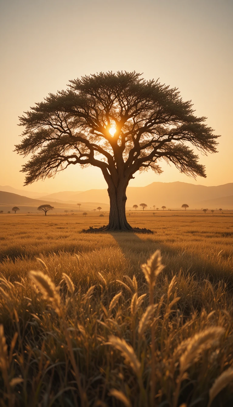 Lonely Oak Tree In Golden Light Over Vast Savannah