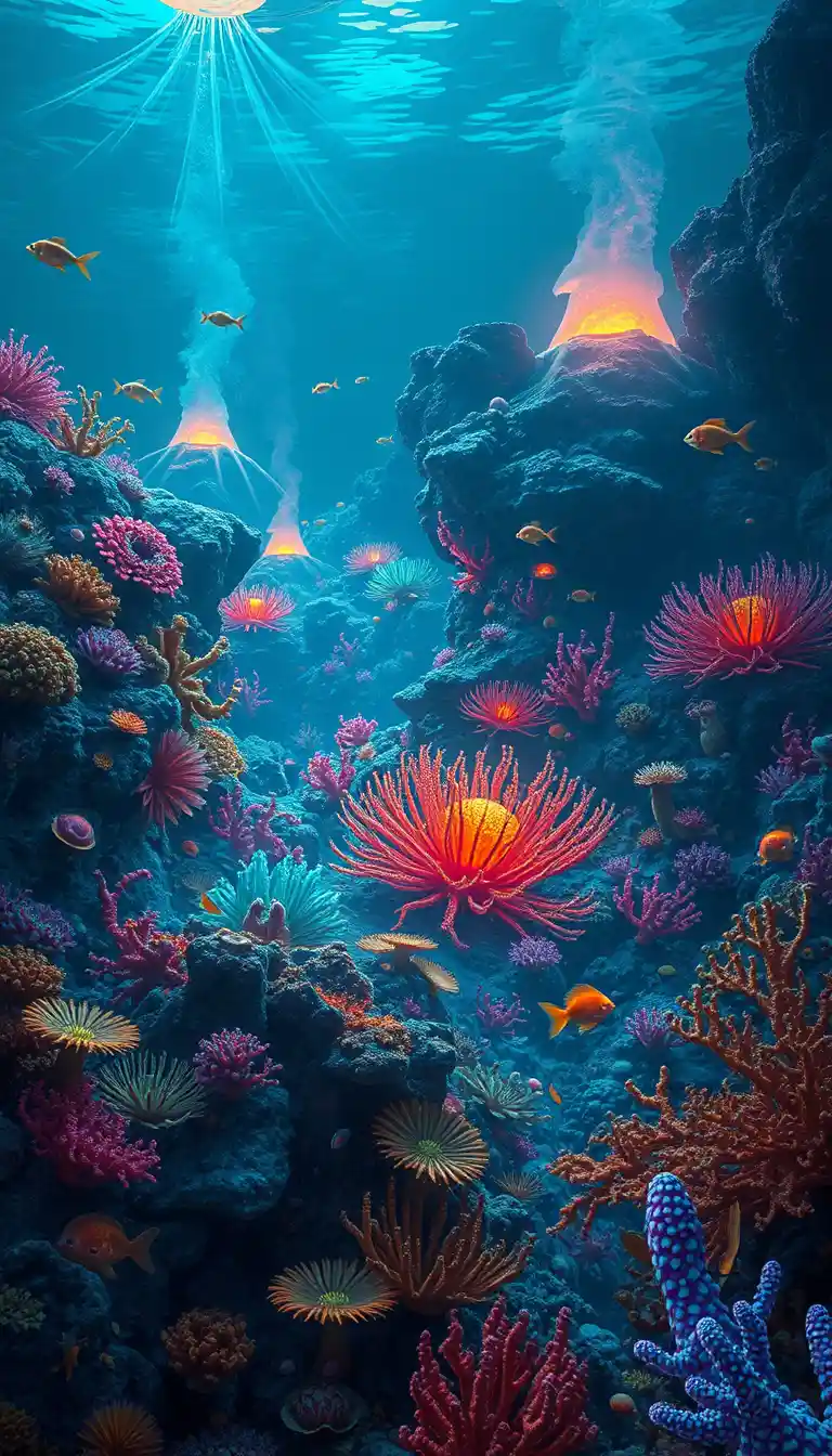 Récif corallien surréaliste lumineux au-dessus de volcans sous-marins