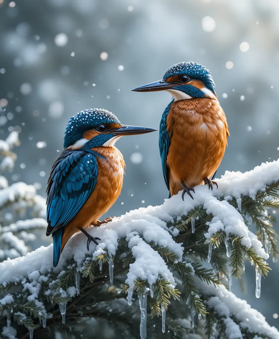 Variopinti martin pescatori su rami sempreverdi innevati in inverno