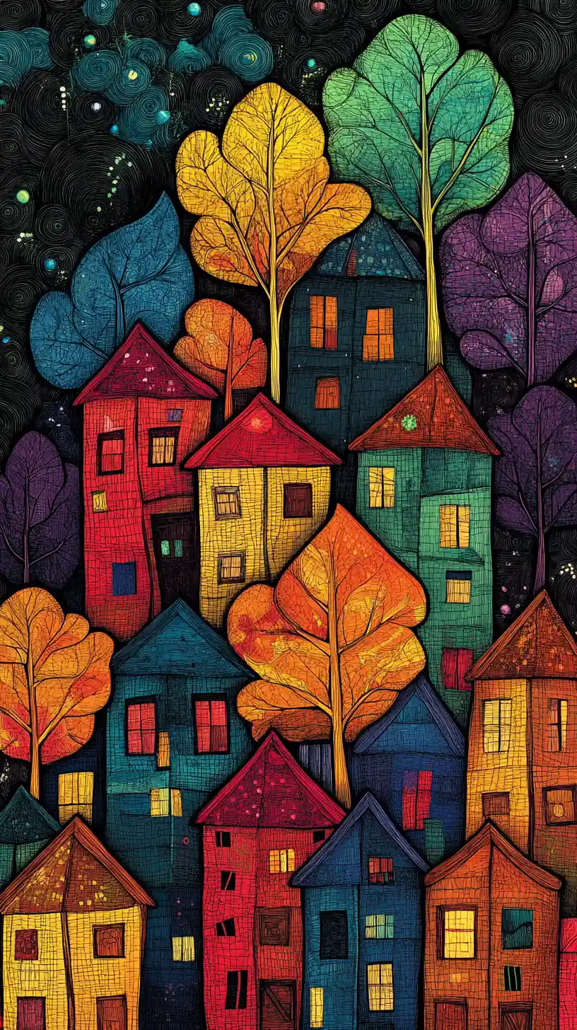 Micromondi di arte naïf dentro di tante piccole foglie colorate