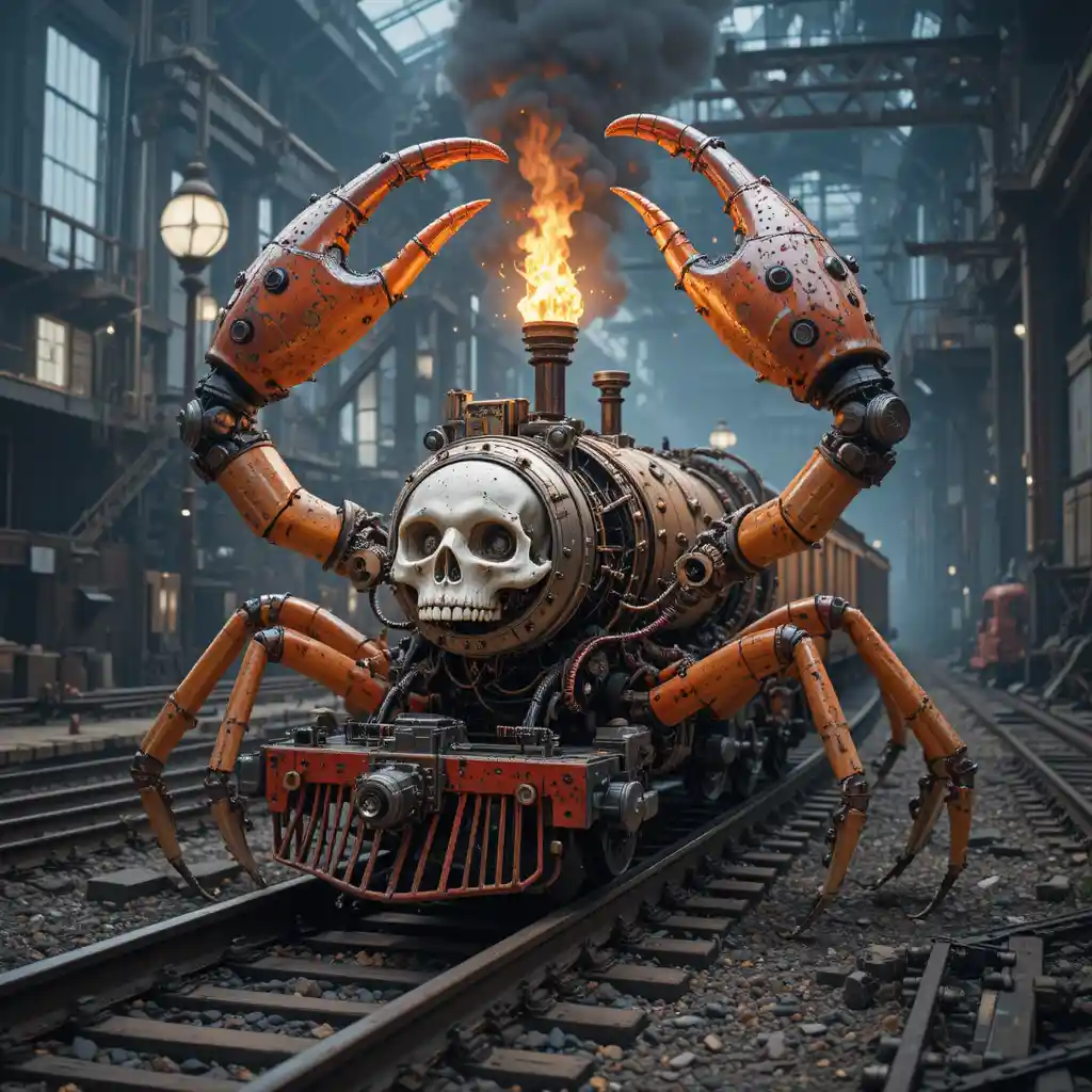 Surrealer mechanischer Krabbenzug in einer industriellen Bahnszene