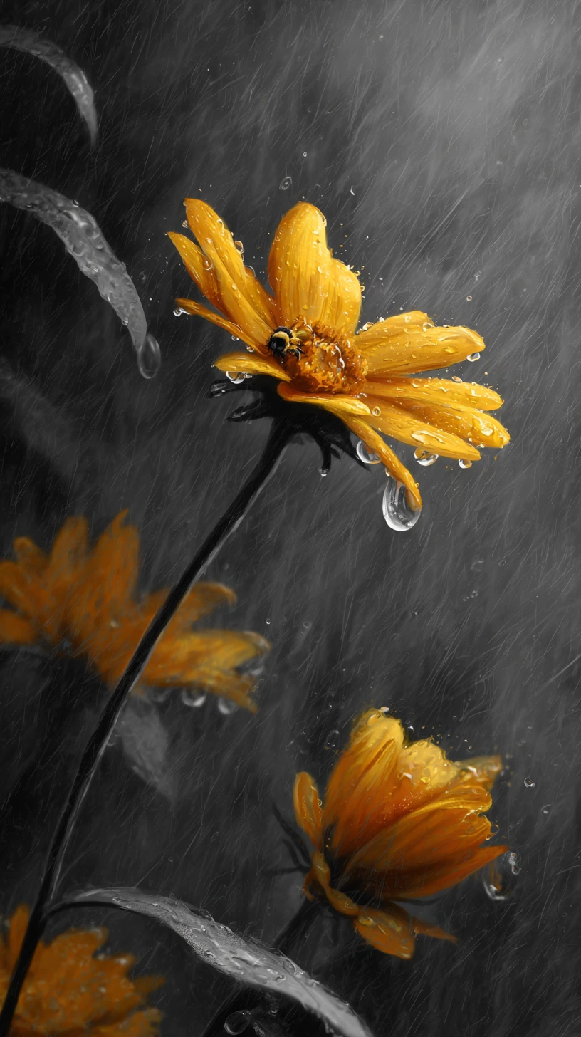 Macro bumble bee on sunflower petal in the rain