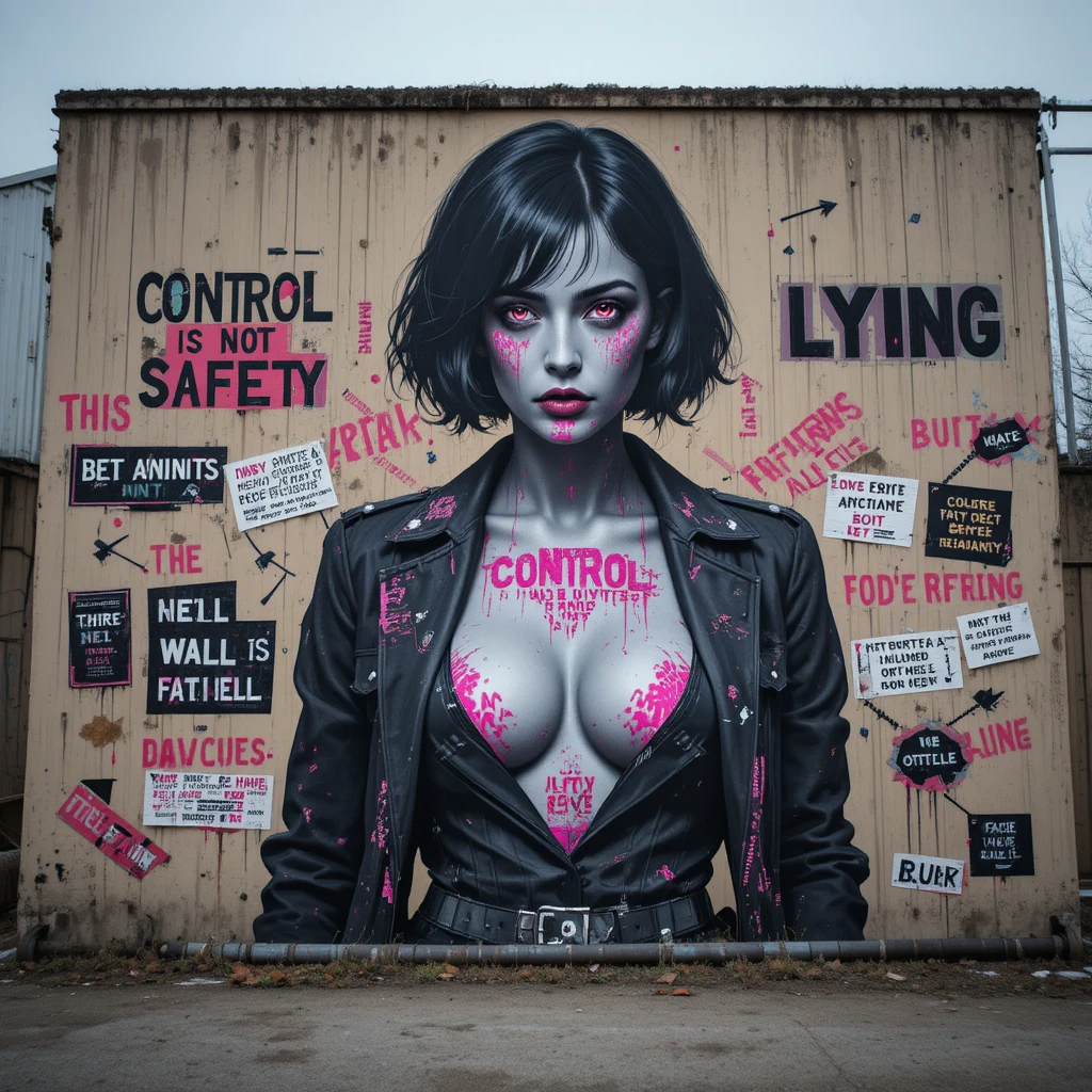 Glitch street mural of a defiant femme figure on concrete