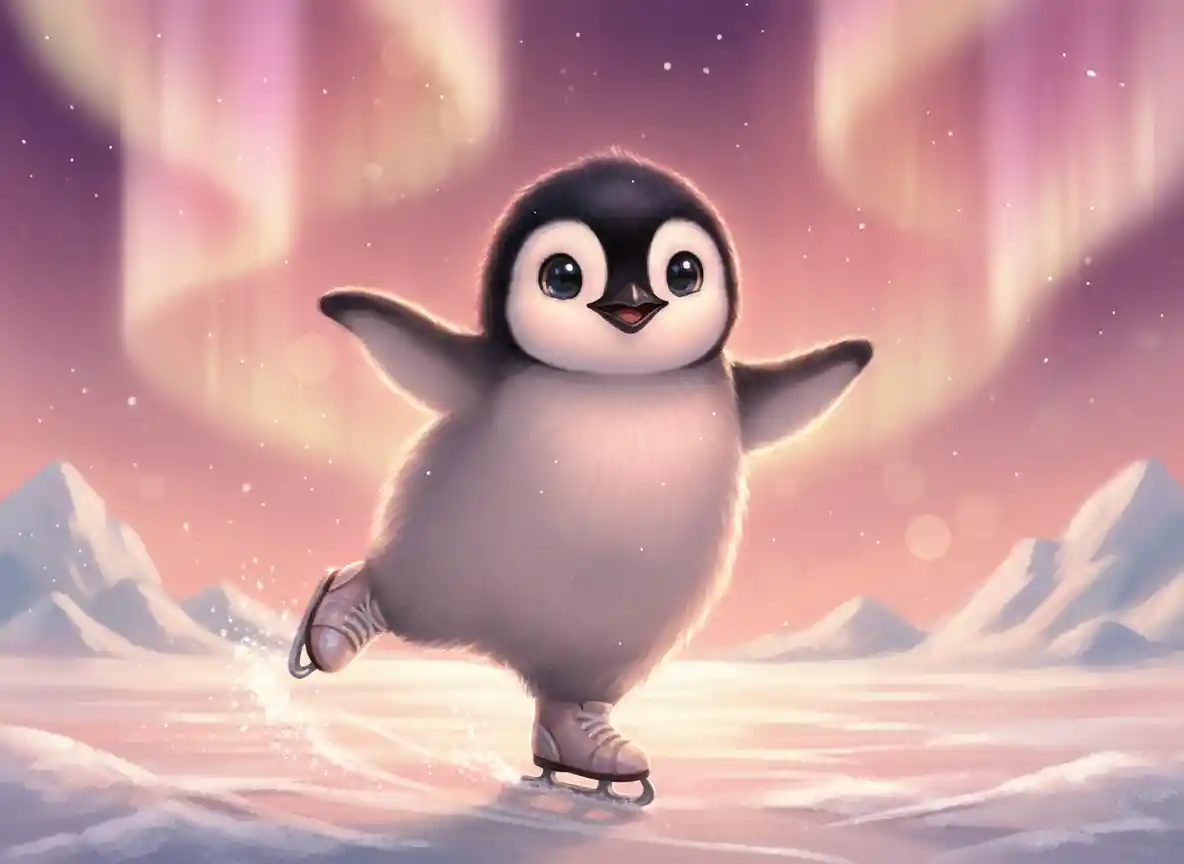 貝殻スケートで踊るごきげんな赤ちゃんペンギン
