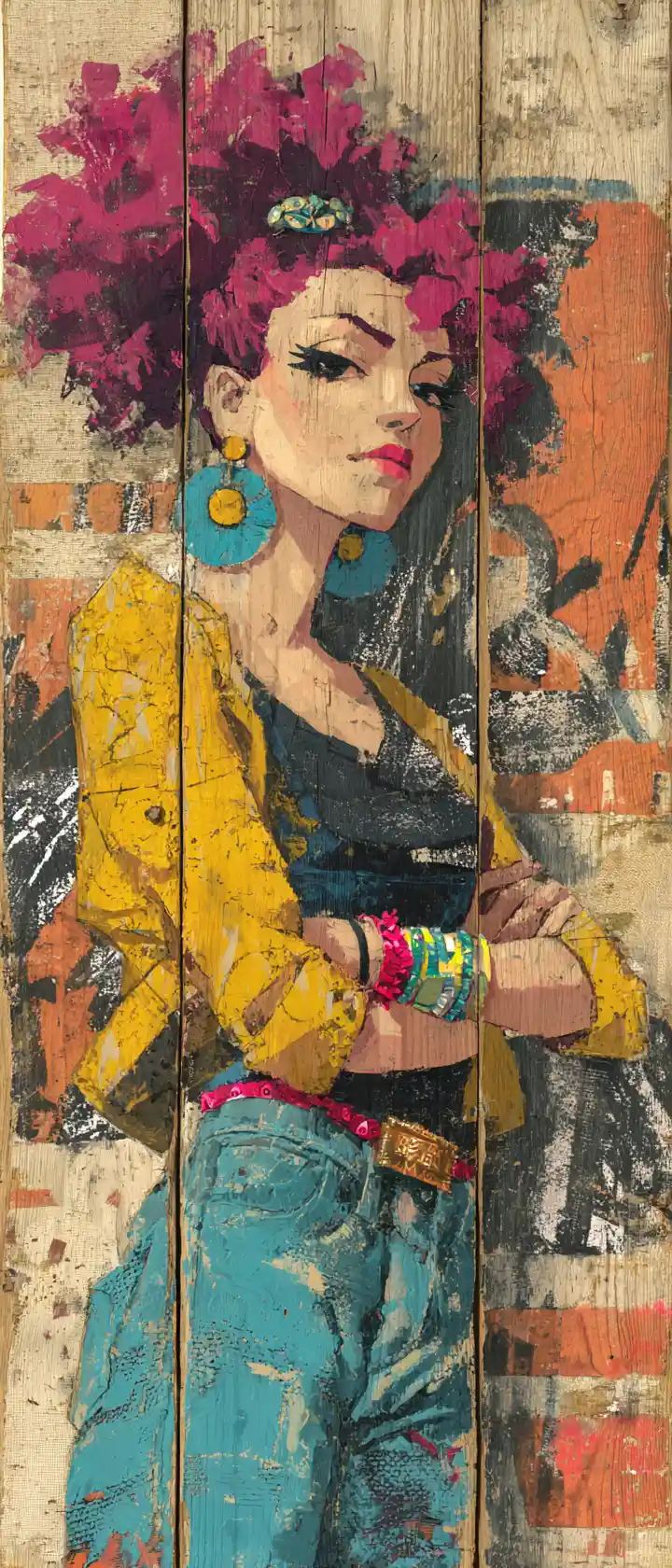 Confident girl with wild colorful hair in mixed media portrait