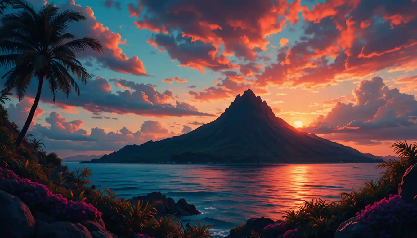 Hawaiian island illustration under glowing sunset sky