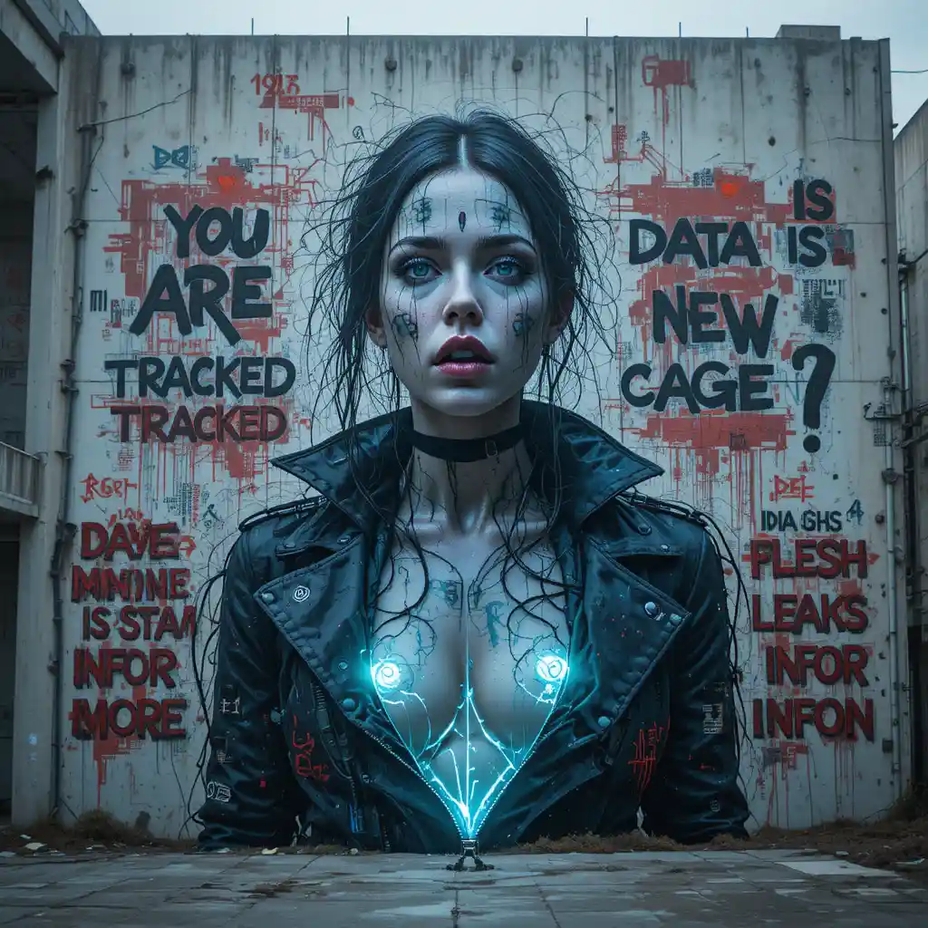Fresque graffiti glitch sur le mur d’un data center abandonné