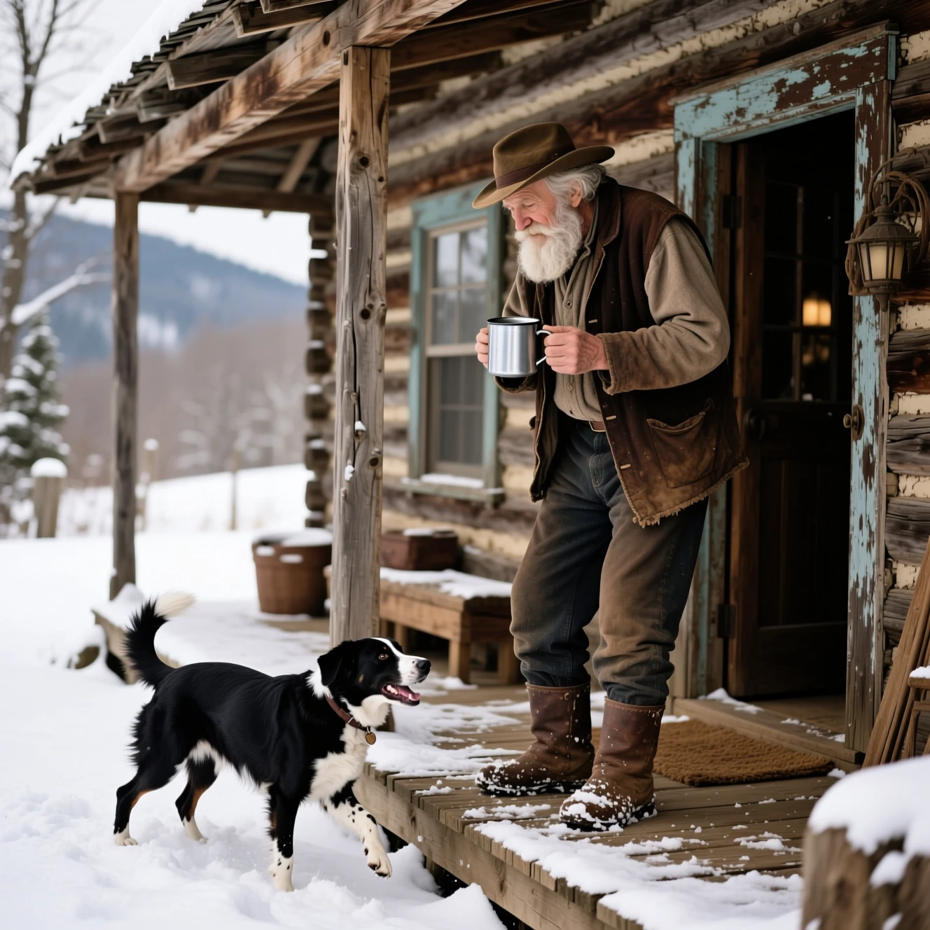 Old man drinking coffee on snowy cabin porch