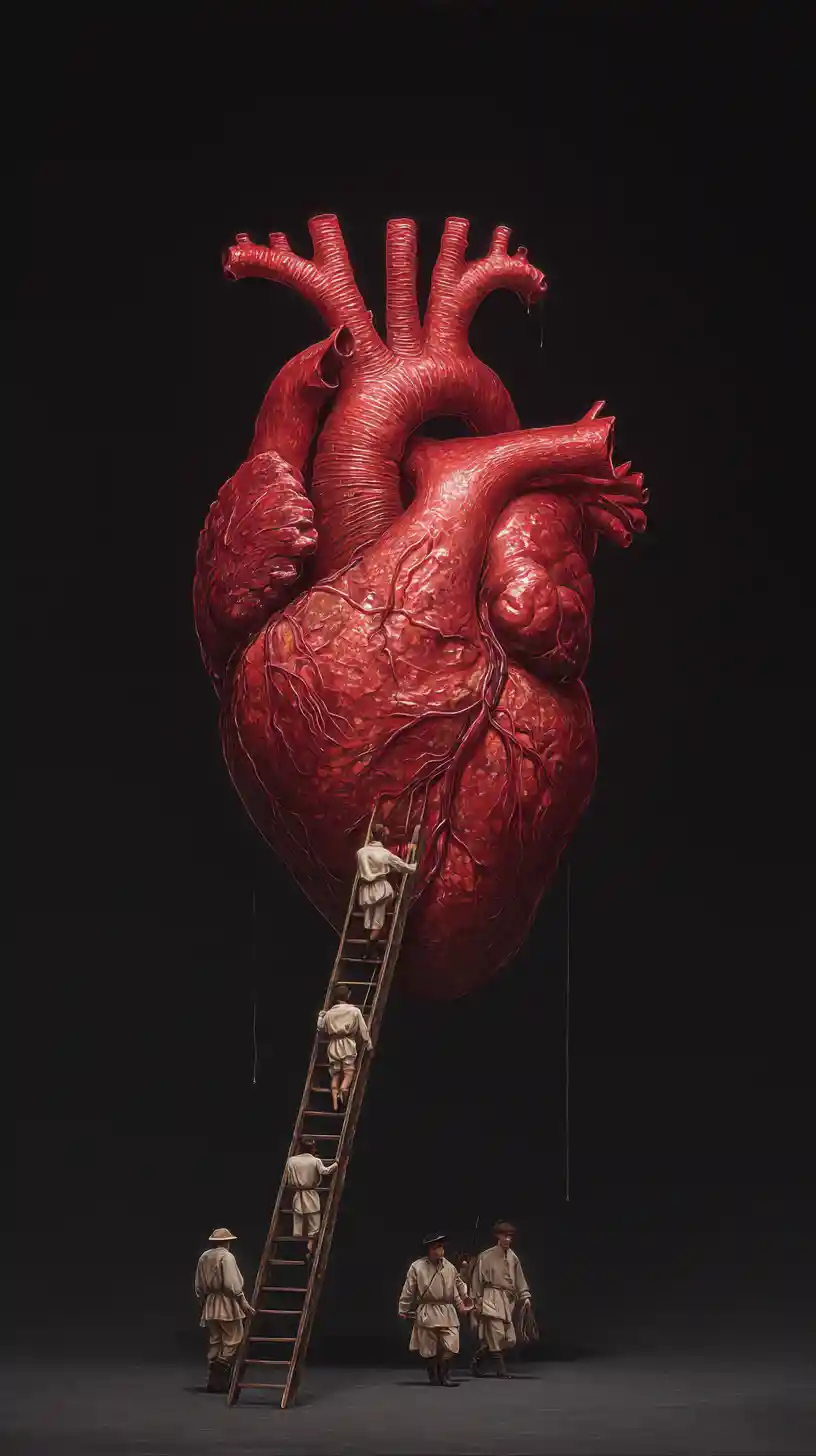 Cuore umano sospeso con piccole figure che trasportano una scala