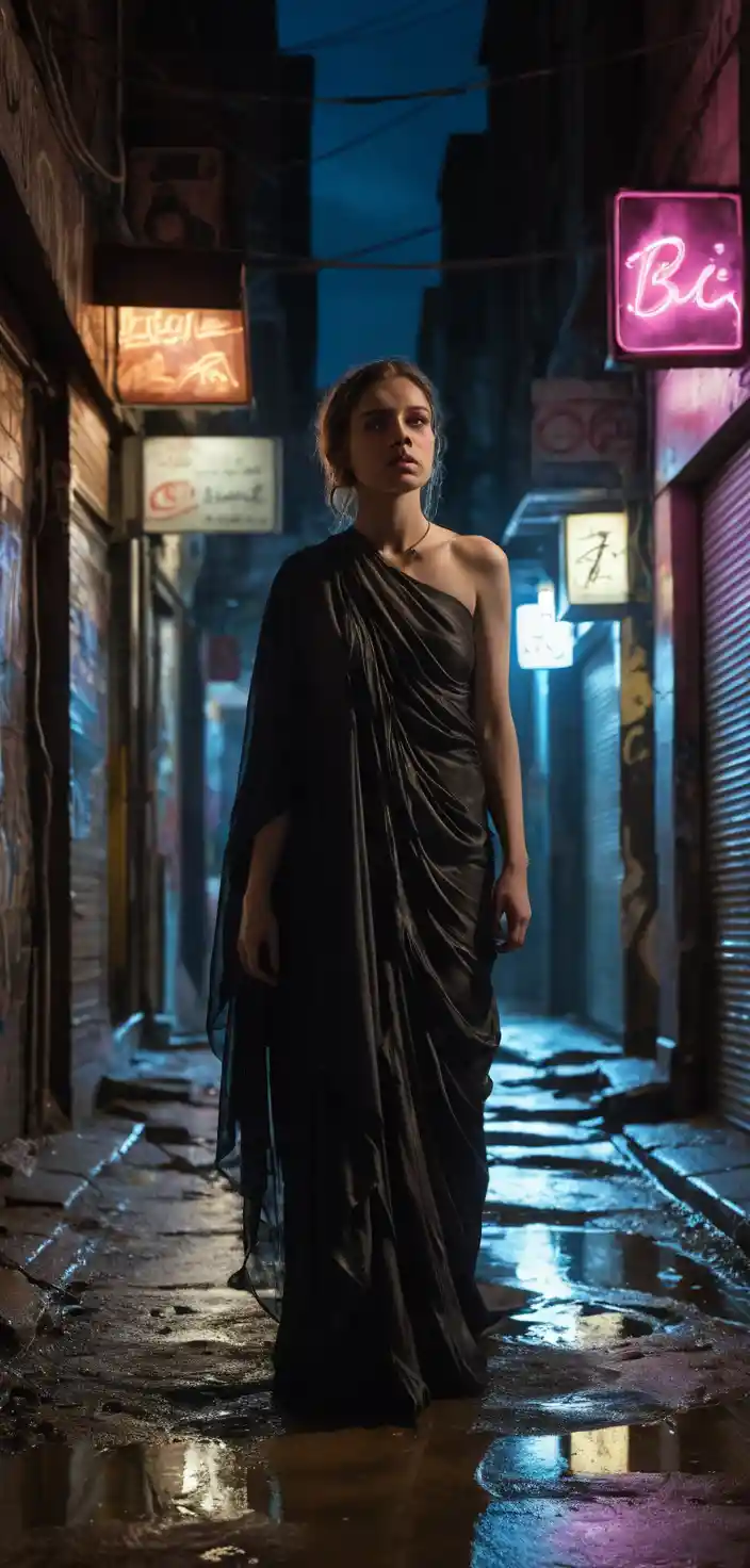 Mysterious woman in black silk at neon lit alley entrance
