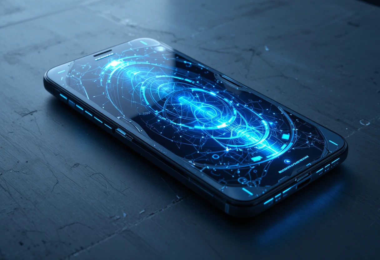 ホログラフィックなネオンブルーディスプレイを備えた未来的スマートフォン
