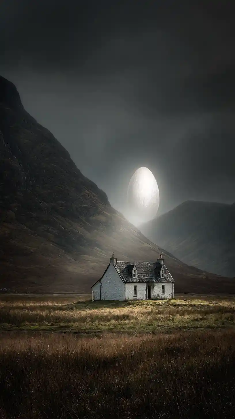 Scottish mountain house with glowing oval hovering above