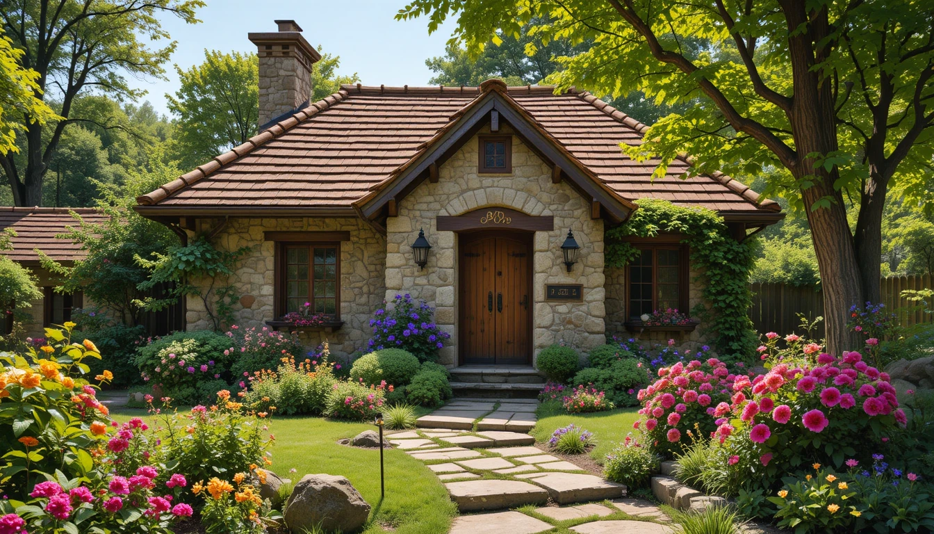 Charmant cottage en pierre rustique entouré de fleurs et d’arbres