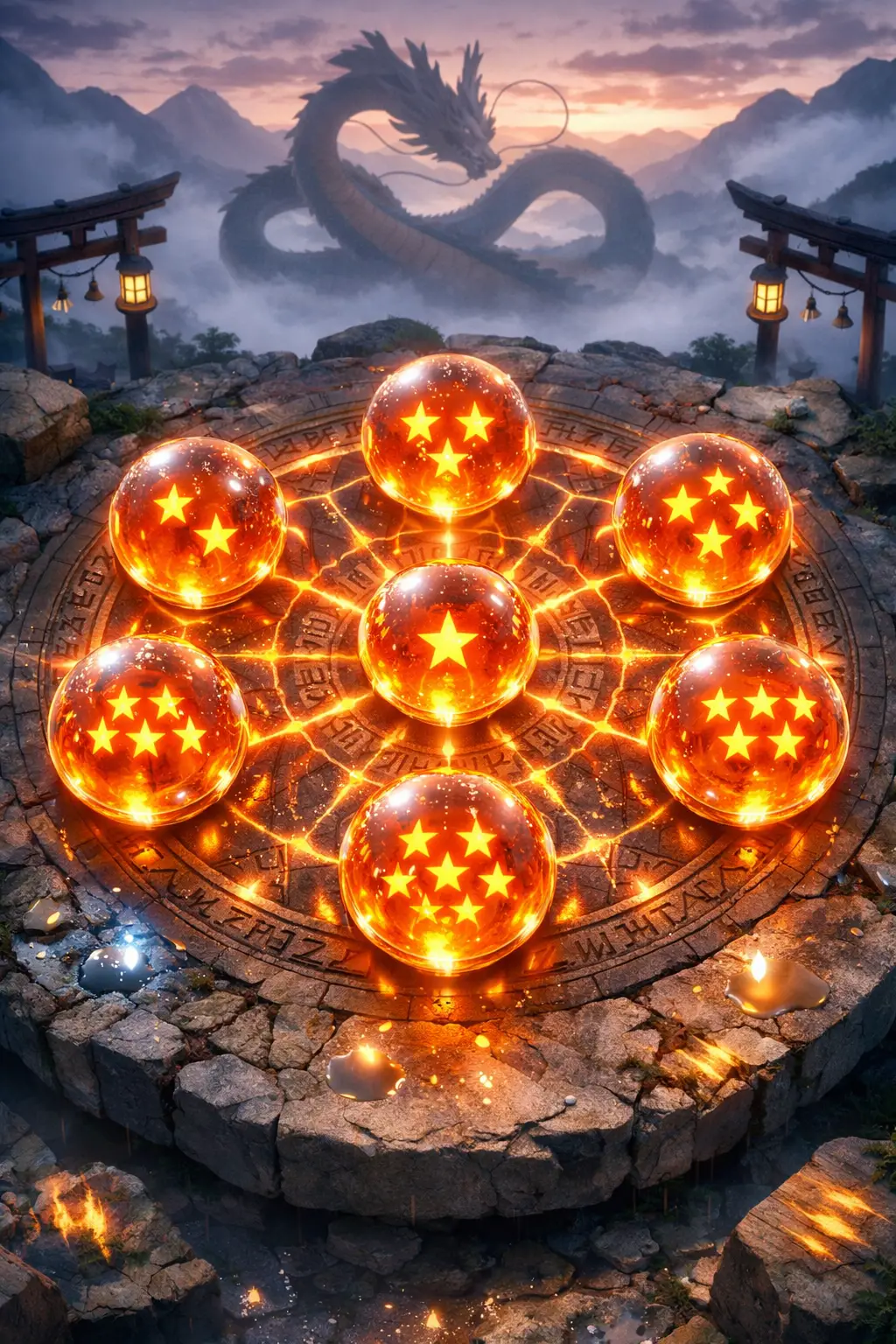 Sette sfere di cristallo luminose in un cerchio mandala in stile anime
