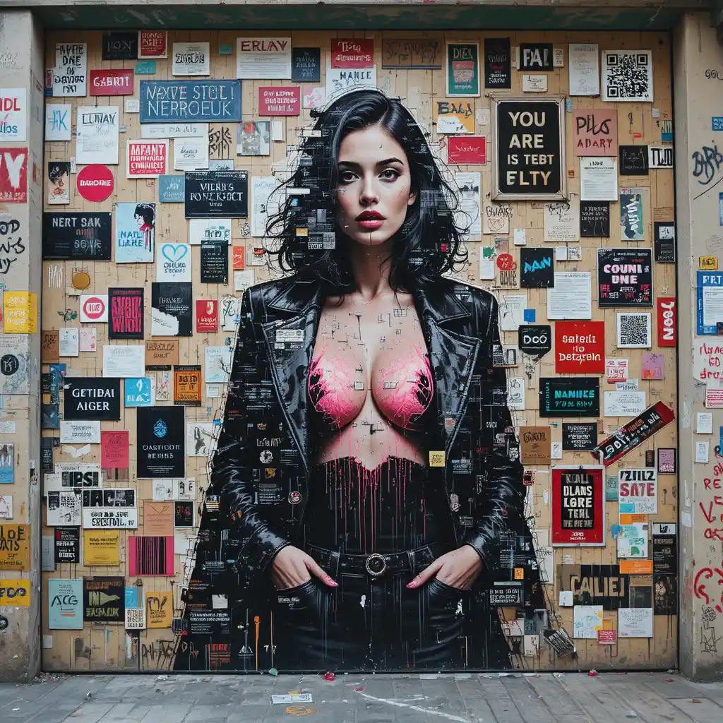 Mural de rua em glitch com figura de femme fatale fragmentada