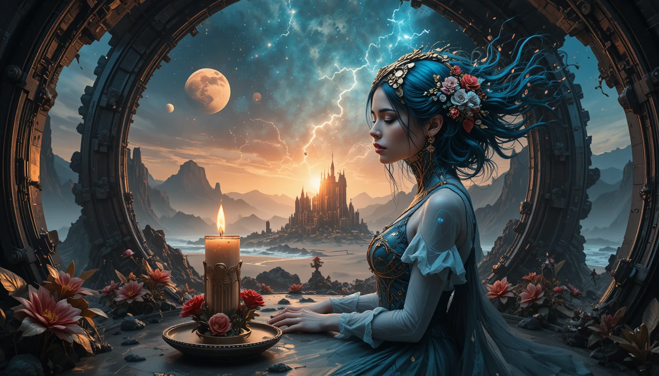 Cyborg woman in a floral gothic portrait aboard spaceship