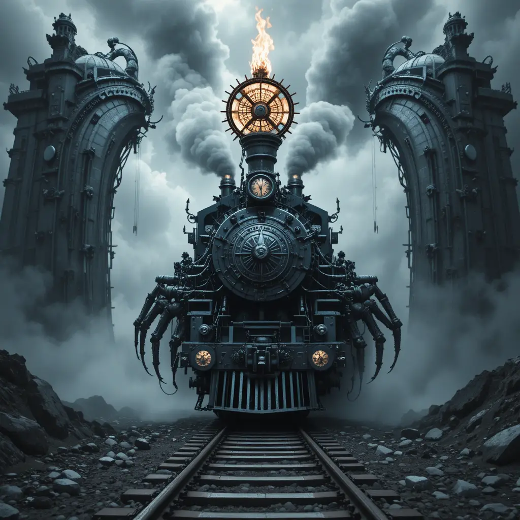 Mechanical skull hybrid guarding fiery hellish railway gates