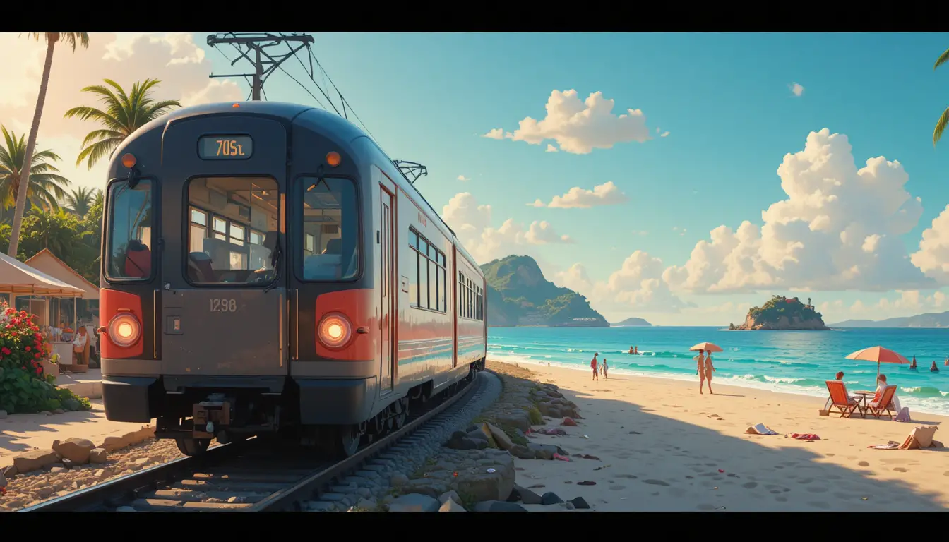 Trem de desenho animado 3D lúdico passando por uma praia de verão