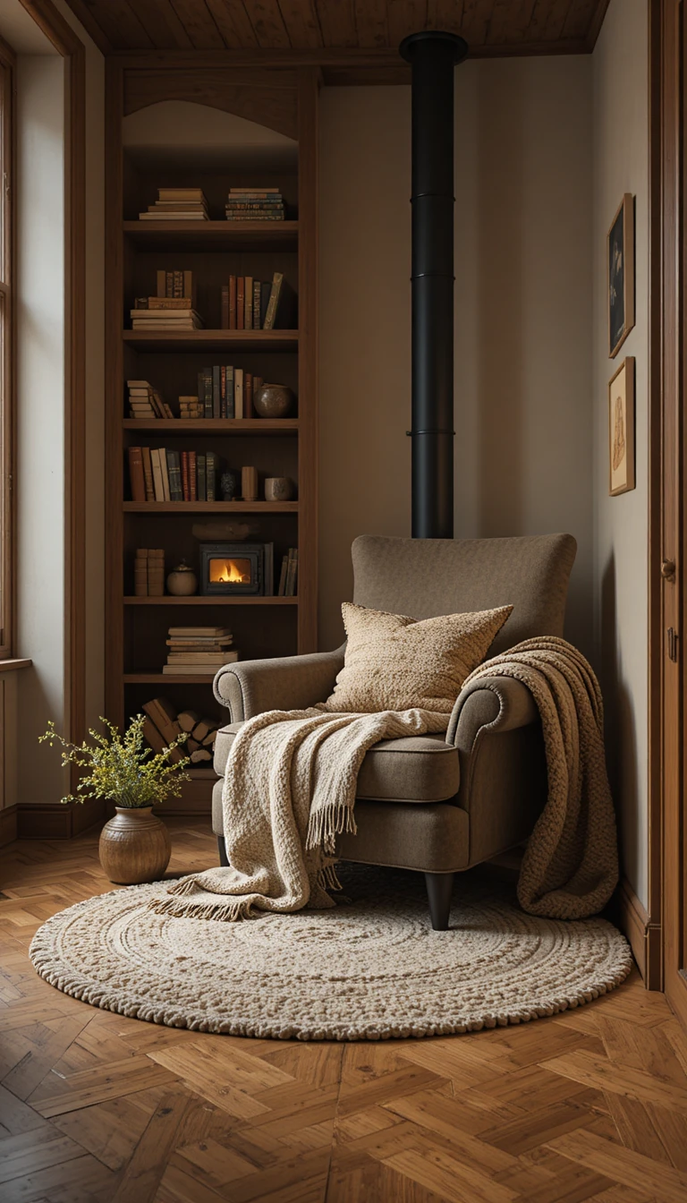 Cozy armchair reading nook with stove and bookshelf