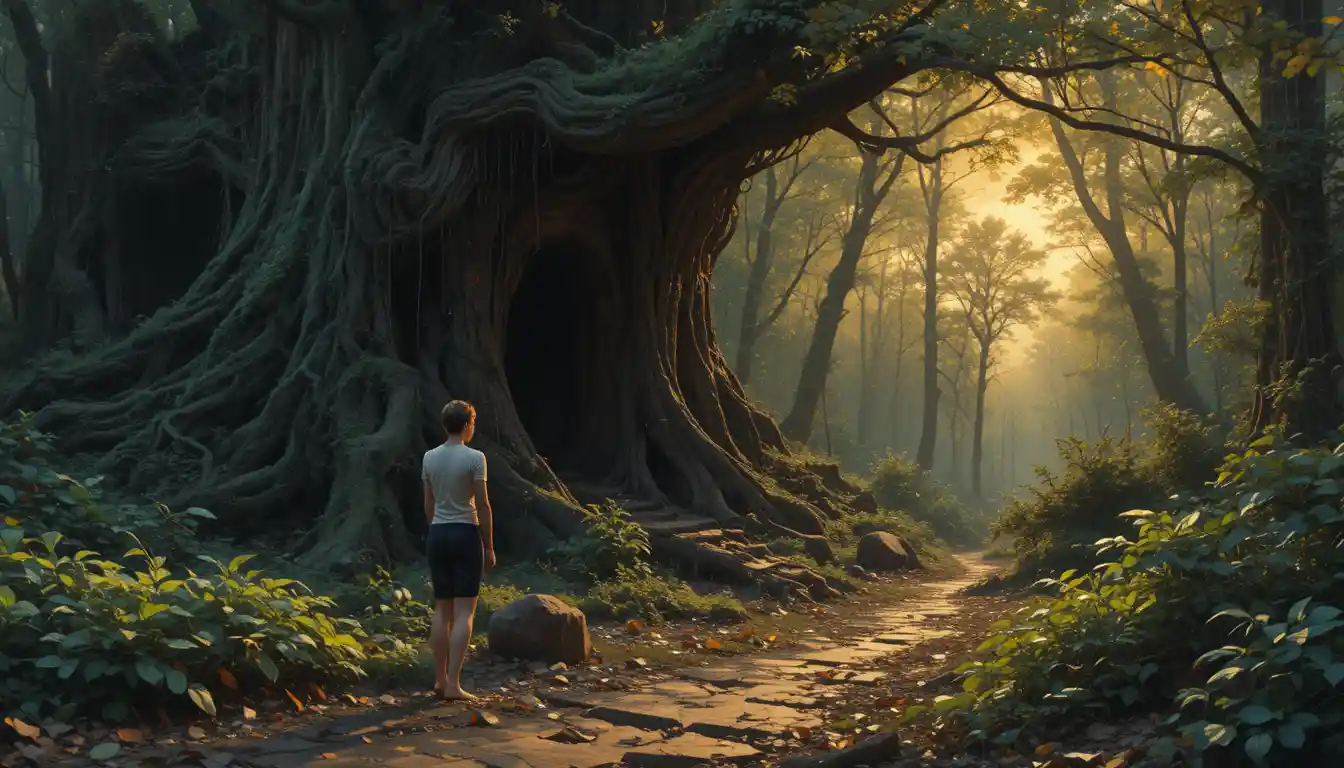 Figura solitaria che lascia un’antica foresta al tramonto
