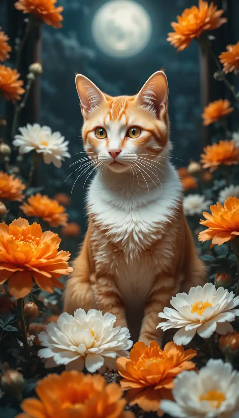 Gato tigrado laranja entre cravos no jardim noturno
