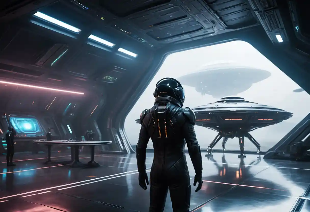 Piloto solitário em hangar espacial futurista voltado para planeta distante