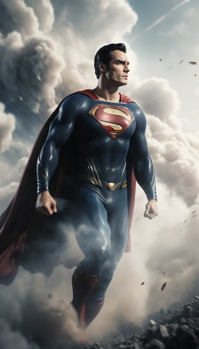 Super-herói voando em alta velocidade por entre nuvens dramáticas