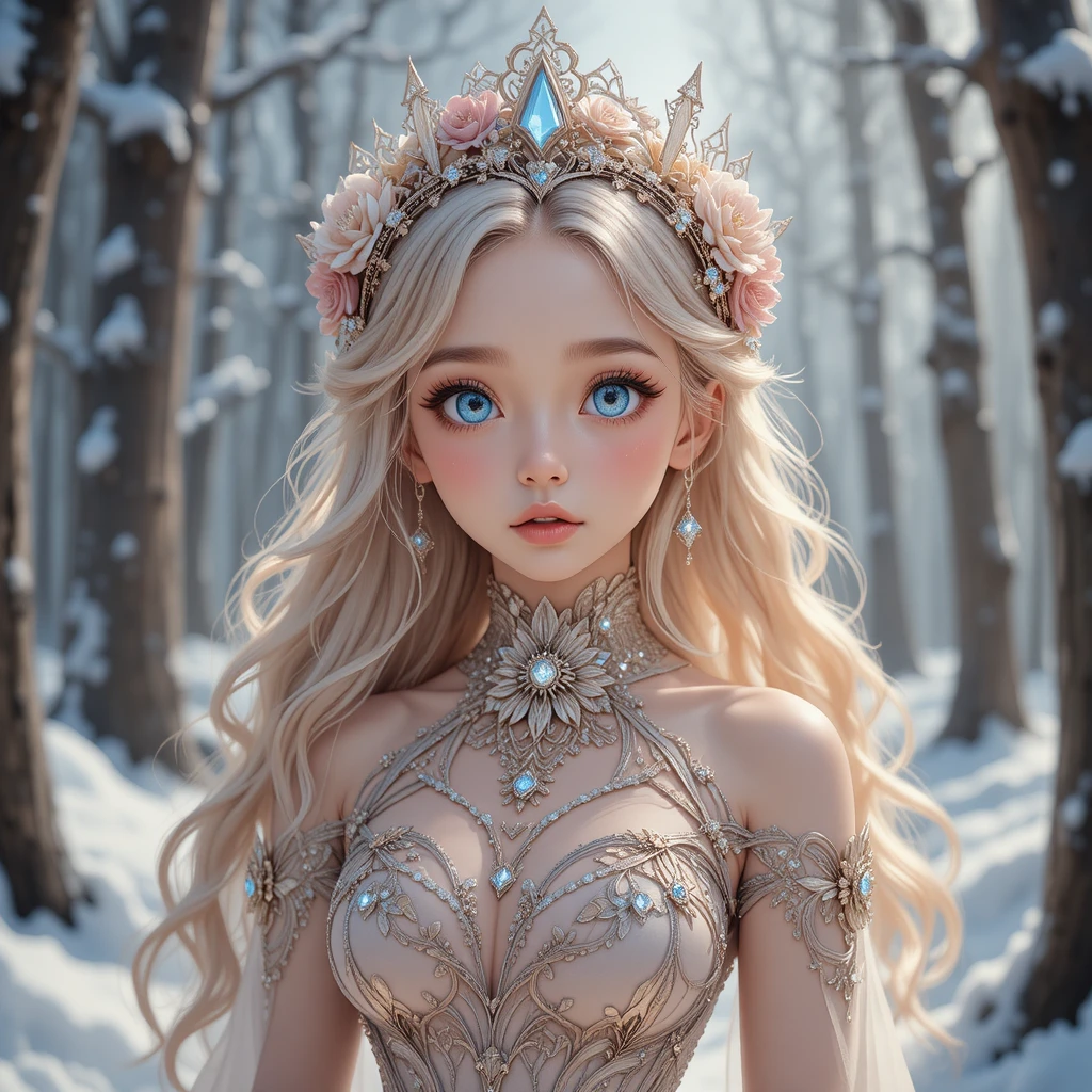 Ragazza anime con abito floreale di cristallo in una foresta invernale